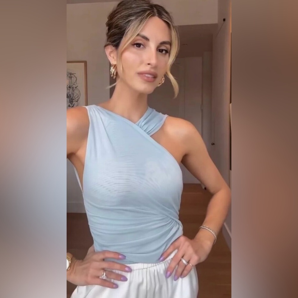 ZARA DRAPED ASYMMETRICAL TULLE BODYSUIT Light Blue. Size medium.